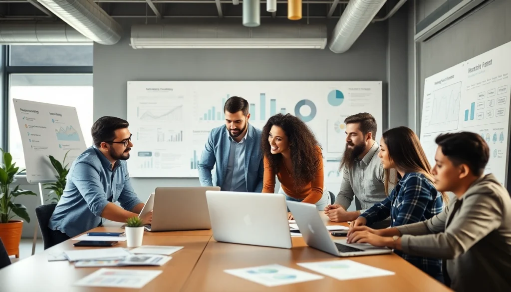 Engaging scene of the Good Wolf Marketing team collaborating in a vibrant office environment.