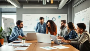 Engaging scene of the Good Wolf Marketing team collaborating in a vibrant office environment.