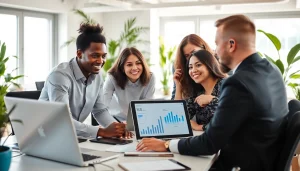 SEO agency team brainstorming strategies in a professional workspace with modern technology.