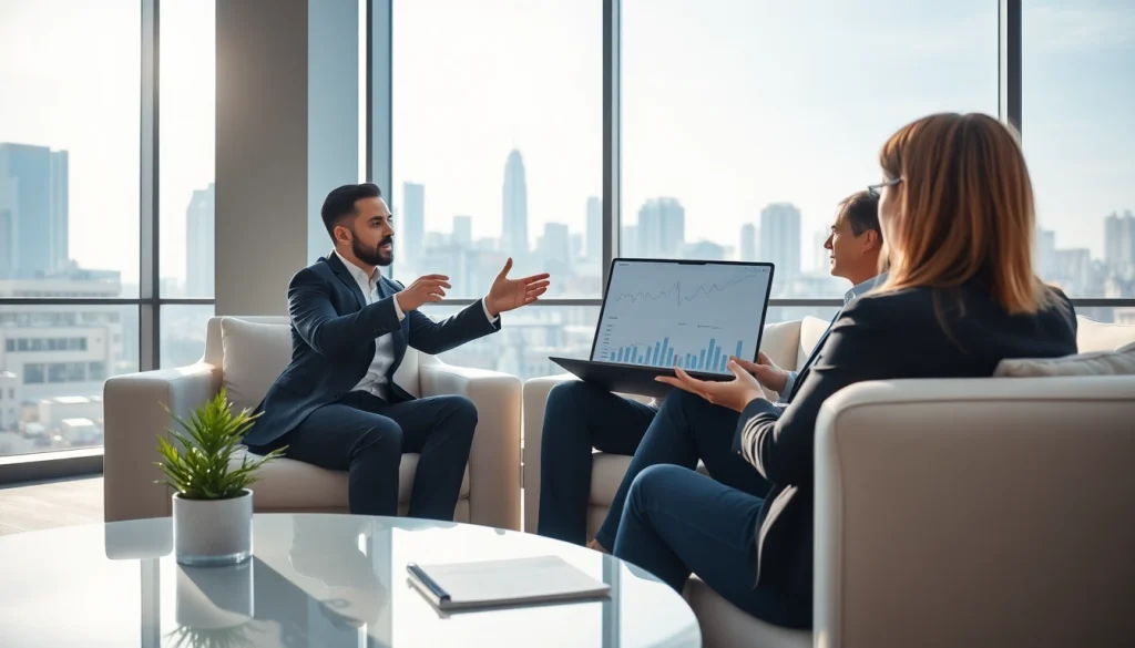 Engaging financial advisor explaining wealth management San Antonio strategies to clients in a modern office.