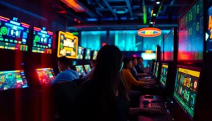 Engaged players experiencing MM88 online gaming with vibrant visuals and neon lights.