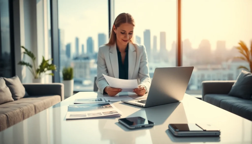 Real Estate agent analyzing listings in a modern office setting with city views.