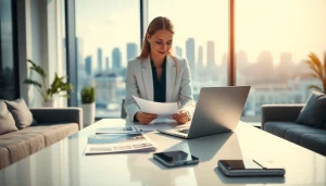 Real Estate agent analyzing listings in a modern office setting with city views.