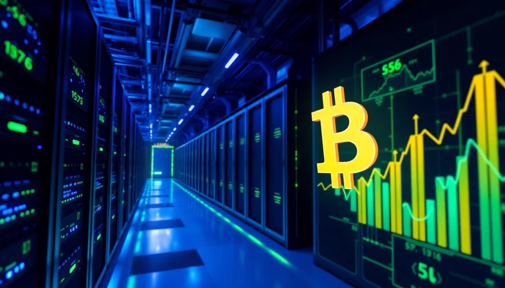 Explore bitcoin cloud mining technology in a modern digital facility with vibrant lighting and data analytics elements.