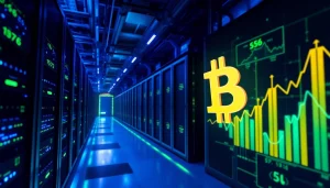 Explore bitcoin cloud mining technology in a modern digital facility with vibrant lighting and data analytics elements.