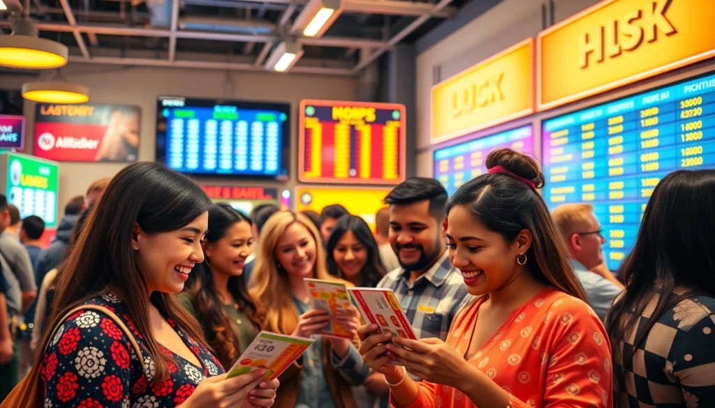 Bandar togel dengan pemain yang antusias memeriksa tiket lotere mereka dengan gembira.