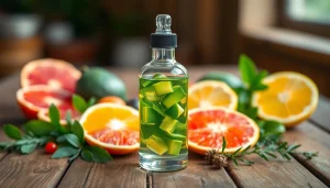 Genießen Sie aromatischen vaping liquid aus einer eleganten Glasflasche mit frischen Früchten und Kräutern.