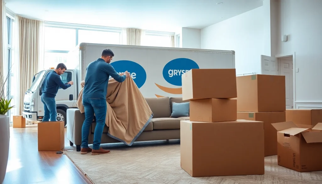 Professional Toronto moving company staff packing boxes in a well-lit living room.
