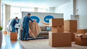 Professional Toronto moving company staff packing boxes in a well-lit living room.