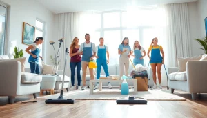 Providing thorough Cleaning Service in a bright living room with professional cleaners actively working.