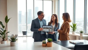 Real Estate professionals discussing listings in a bright office environment with city views.