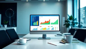 Visualize a cheap smm panel interface displaying vibrant analytics and social media metrics in a modern office.