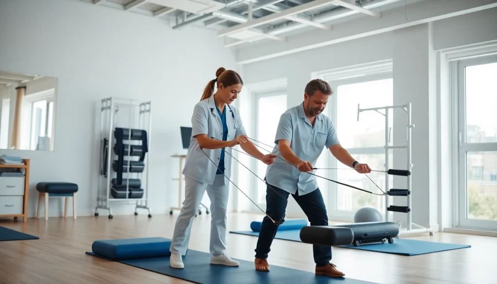 Health in Motion Rehabilitation therapist assisting a patient with exercises in a bright clinic.