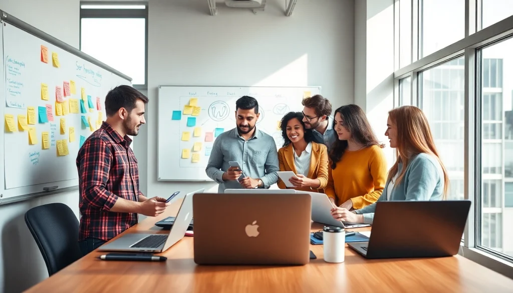 Visualize wordpress development outsourcing with a dynamic team of developers collaborating in a fresh office.