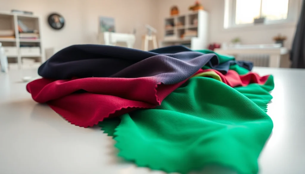 Punta di Roma stof toont luxe textuur en levendige kleuren in een naaiatelier.