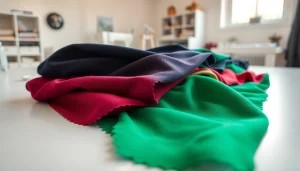 Punta di Roma stof toont luxe textuur en levendige kleuren in een naaiatelier.