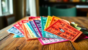 Membeli toto togel resmi yang bervariasi dan berwarna-warni tersusun di atas meja kayu.