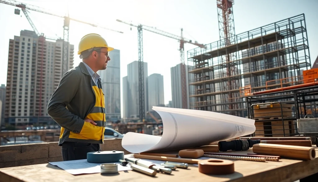 Engaged New York General Contractor collaborating on a bustling construction site.