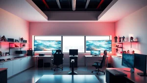 Immerse in a vibrant gaming setup featuring rr88 com on dual monitors, capturing an energetic atmosphere.