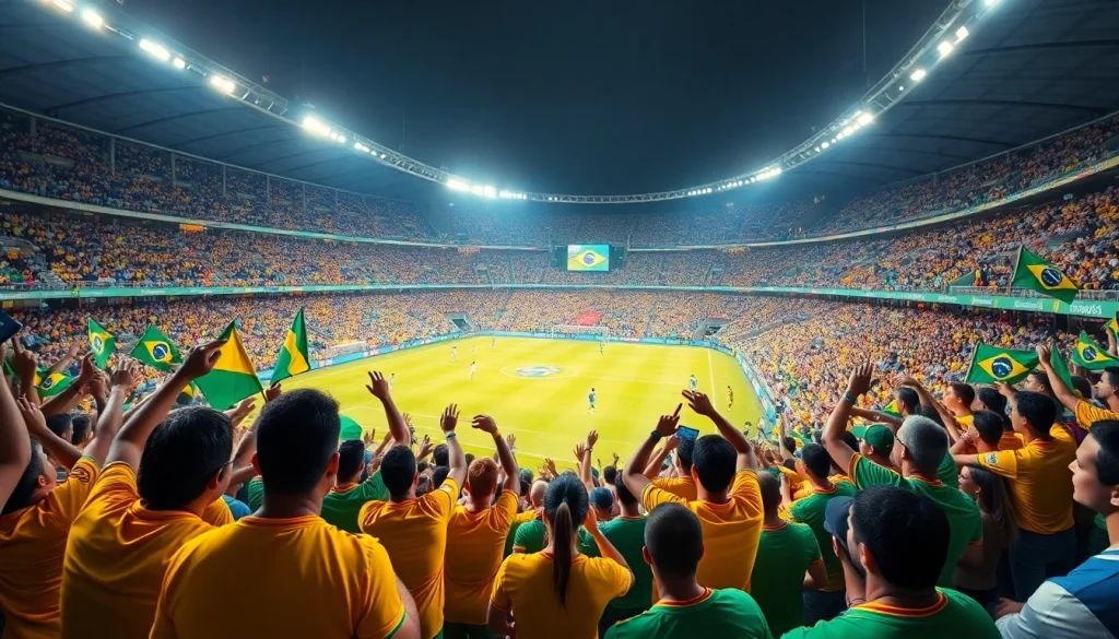 Capture the excitement of sports betting Brazil in a vibrant stadium with enthusiastic fans.