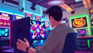 Bermain domino88 link alternatif game dengan penuh semangat di ruang gaming yang modern dan penuh warna.