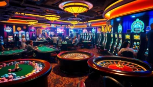 KJC AC 2 casino scene with poker tables, roulette, and colorful slot machines.