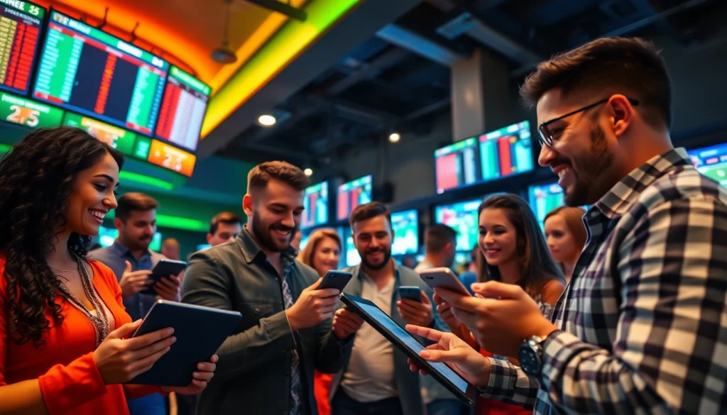 Engaged bettors analyzing the best sports betting sites in Mexico in a modern lounge with vibrant colors.