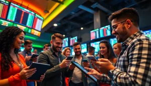 Engaged bettors analyzing the best sports betting sites in Mexico in a modern lounge with vibrant colors.