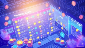 Discover the latest trending coins listing with engaging visuals of digital tokens.