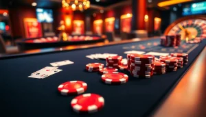 Exciting casino table setup featuring vibrant poker chips and cards highlighting w88 gaming.