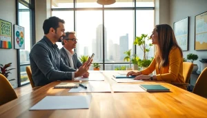 Engaged business coach los Angeles discussing strategies with a client in a modern office.
