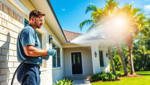 Pressure wash service transforming a home in Kissimmee, FL, showcasing professional exterior cleaning.