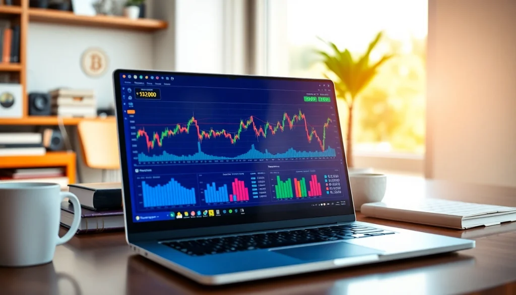 Monitor showing real-time bitcoin price cad with financial graphs in a modern workspace.