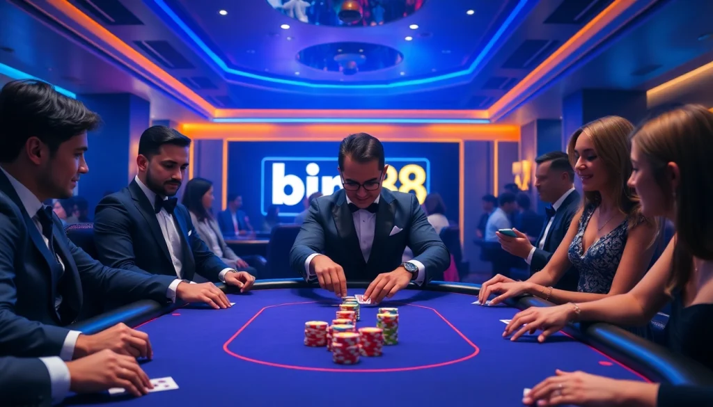 Winning at a poker table with Bin88 branding, vibrant casino atmosphere, luxury and excitement.