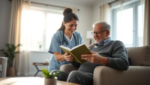 Engaging scene of austin senior home care with caregiver assisting a senior in a cozy living room.