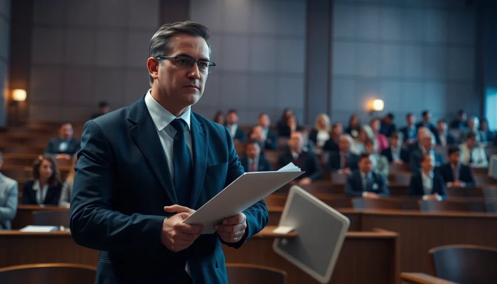 Environmental lawyer advocating in a courtroom against environmental violations for justice.