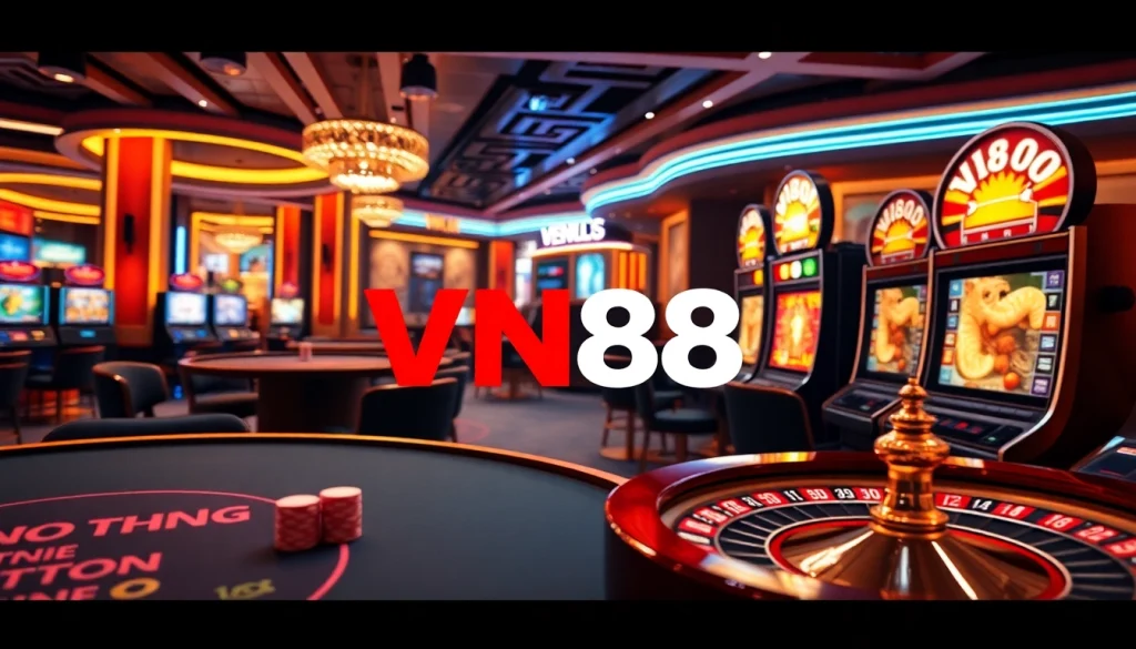 Players enjoying casino games at VN88 online casino with vibrant roulette and slot machines.