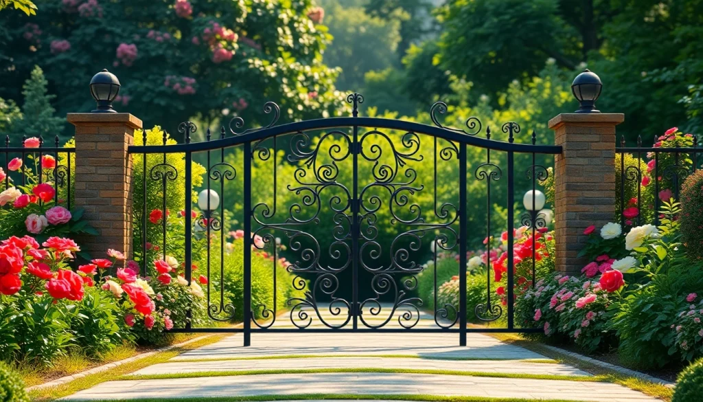 Enhance your property with custom steel gates showcasing intricate craftsmanship in a picturesque garden.