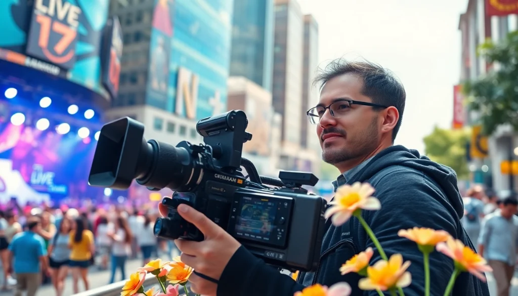 Videographer capturing a vibrant event with a high-quality camera in an urban setting.