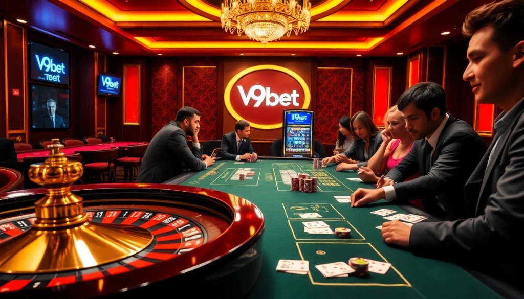 Experience thrilling casino action with V9 bet players at luxurious tables and vibrant slot machines.
