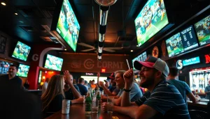 Engaged fans enjoying sports betting Alabama in a lively sports bar atmosphere with screens showing live games.