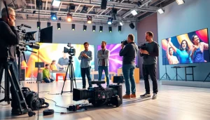 Creative Video Production Agency teamwork in a vibrant studio, filming a captivating commercial.