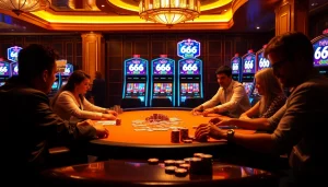 Exciting casino gaming scene with players engaged at the table and vibrant slot machines showcasing new 66.