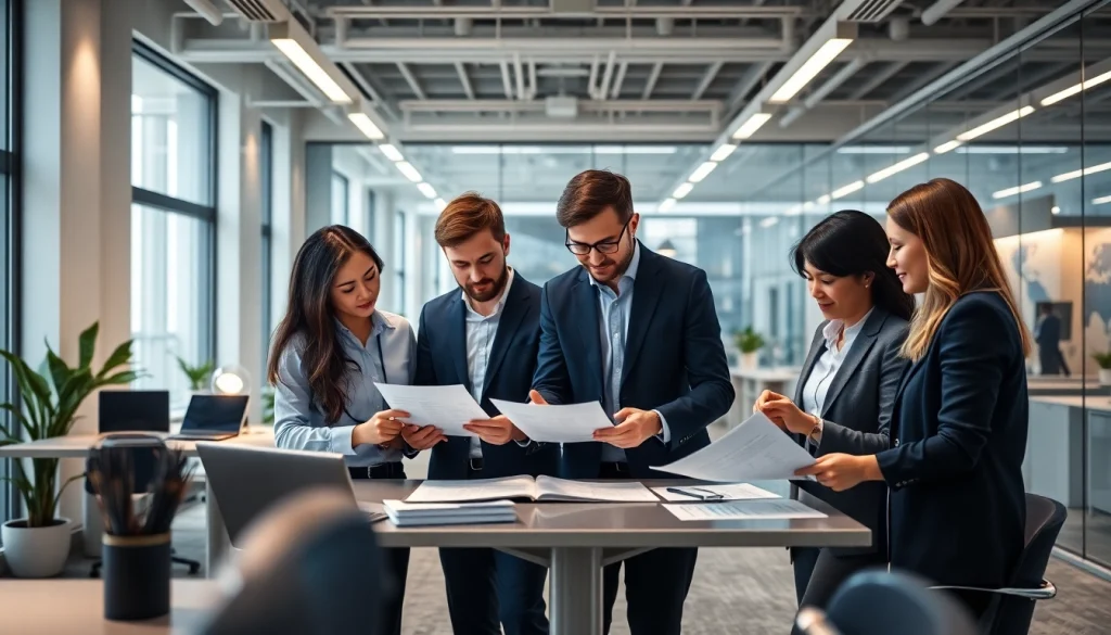 Corporate Tax Return Filing professionals collaborating in a modern office setting, showcasing teamwork and precision.