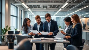 Corporate Tax Return Filing professionals collaborating in a modern office setting, showcasing teamwork and precision.