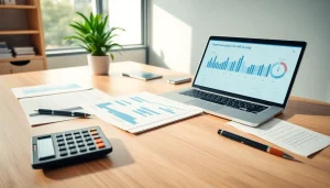 Superfund accountant office with financial documents, laptop, and calm ambiance.