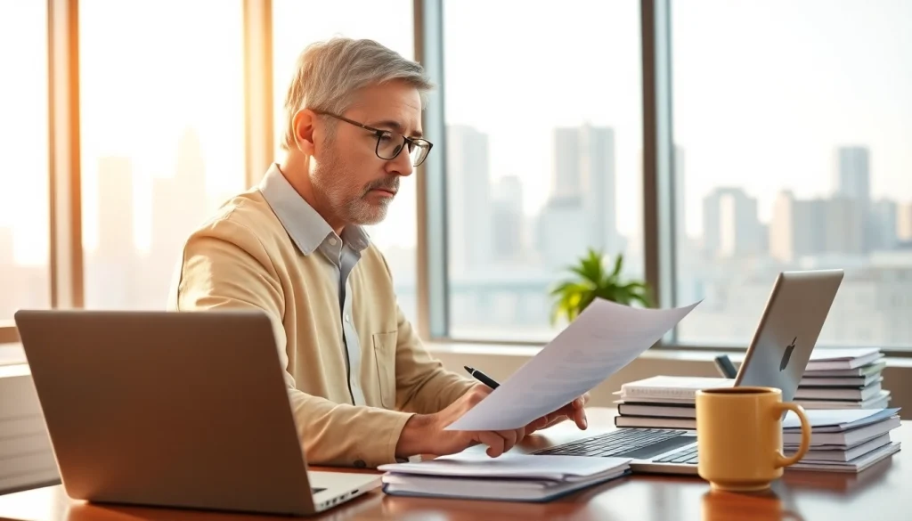 Professional translator reviewing documents for tradução juramentada in a modern office setting.