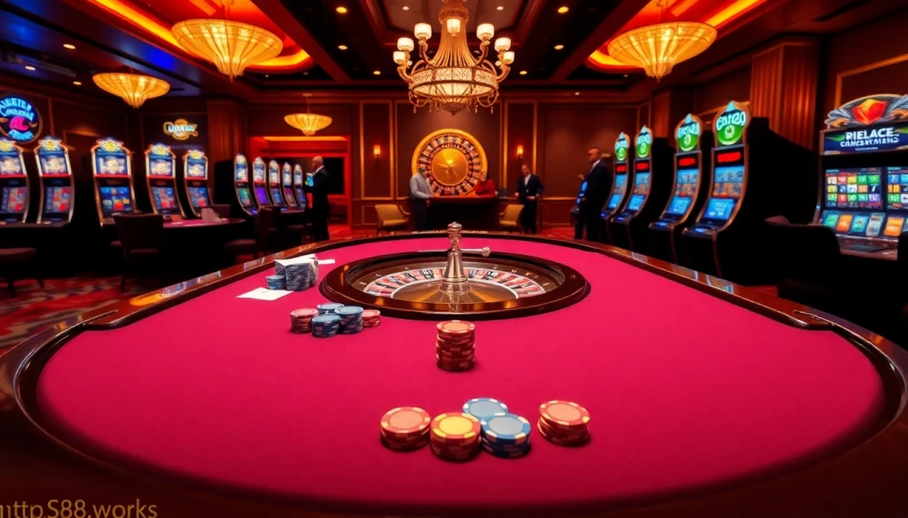 Poker table action at https://s88.works/, showcasing vibrant chips and a roulette wheel in an elegant casino.