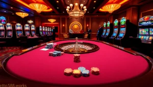 Poker table action at https://s88.works/, showcasing vibrant chips and a roulette wheel in an elegant casino.