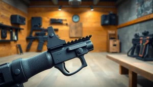 AR 15 trigger displayed with detailed components in a professional shooting range setting.